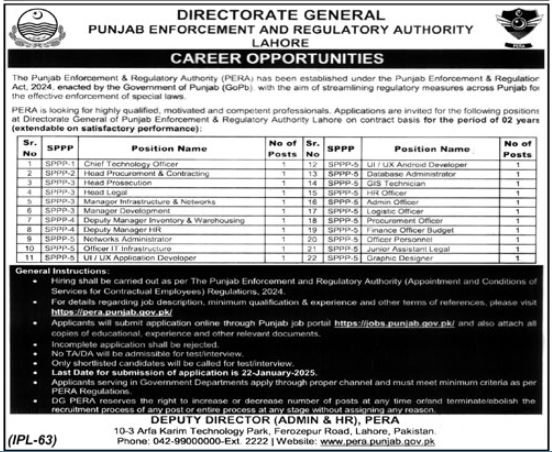 Punjab Enforcement & Regulatory Authority (PERA) Jobs 2025 Apply Now