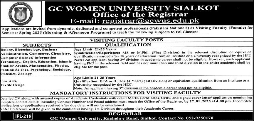 GC Women University Sialkot Visiting Faculty Jobs 2025 Apply Online