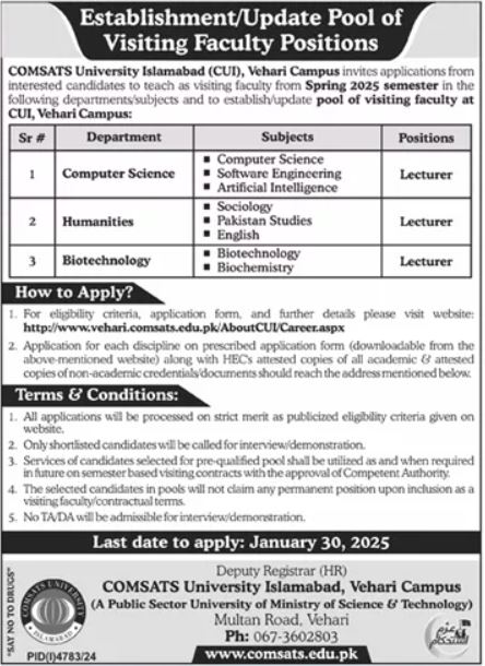 Comsats University Vehari Jobs 2025 For Educational Posts