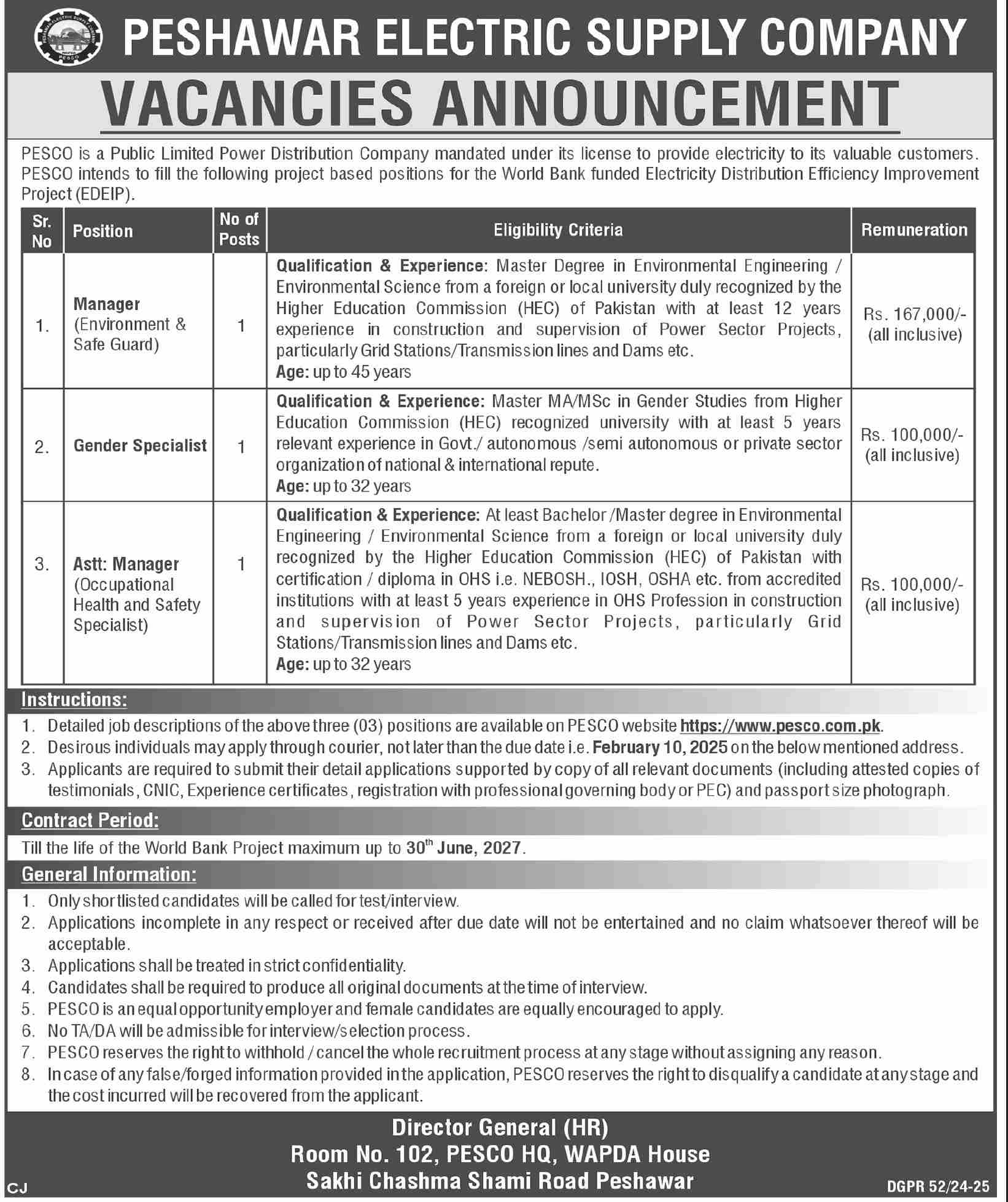 Peshawar Electric Supply Company (PESCO) Jobs 2025 For Management Staff 