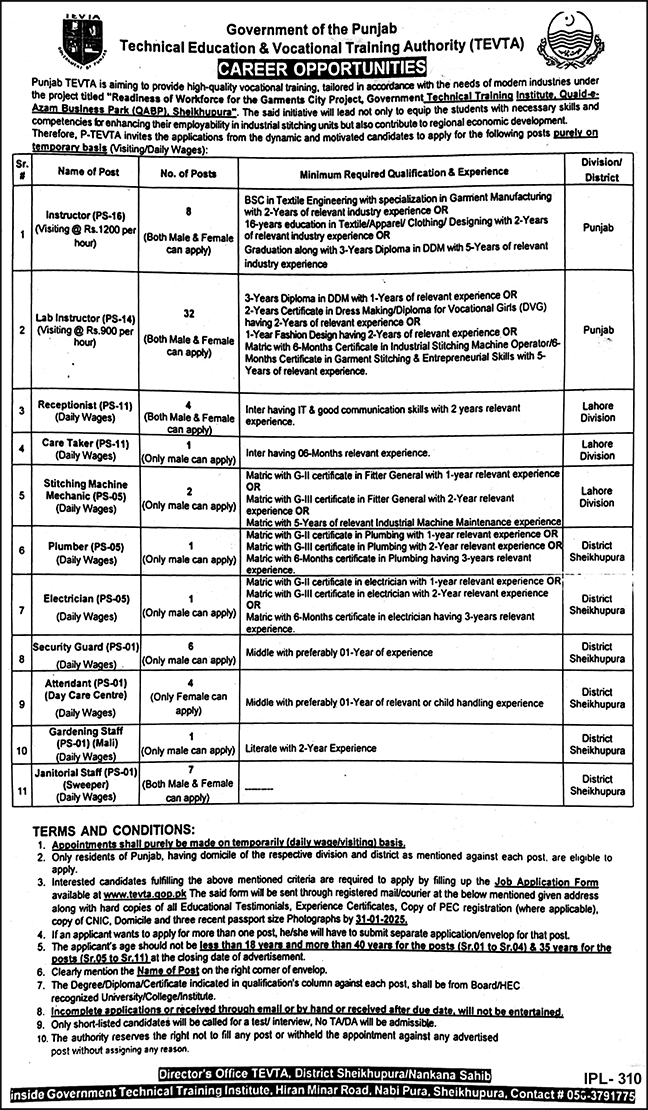 TEVTA Recruitment 2025: New Notification Out For Male & Female Positions