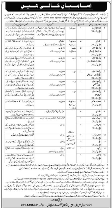 Pak Army Jobs 2025 At  301 Central Base Spares Depot Rawalpindi