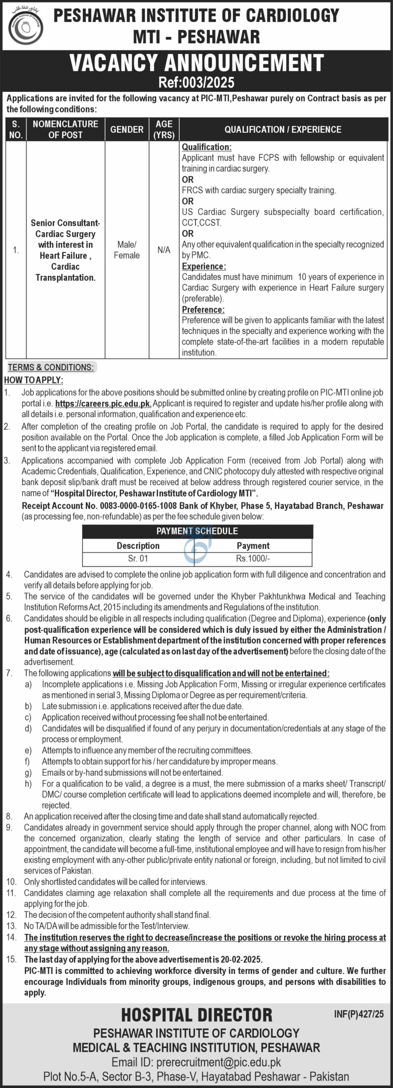 PIC MTI Peshawar Institute of Cardiology Jobs 2025 – Apply Online