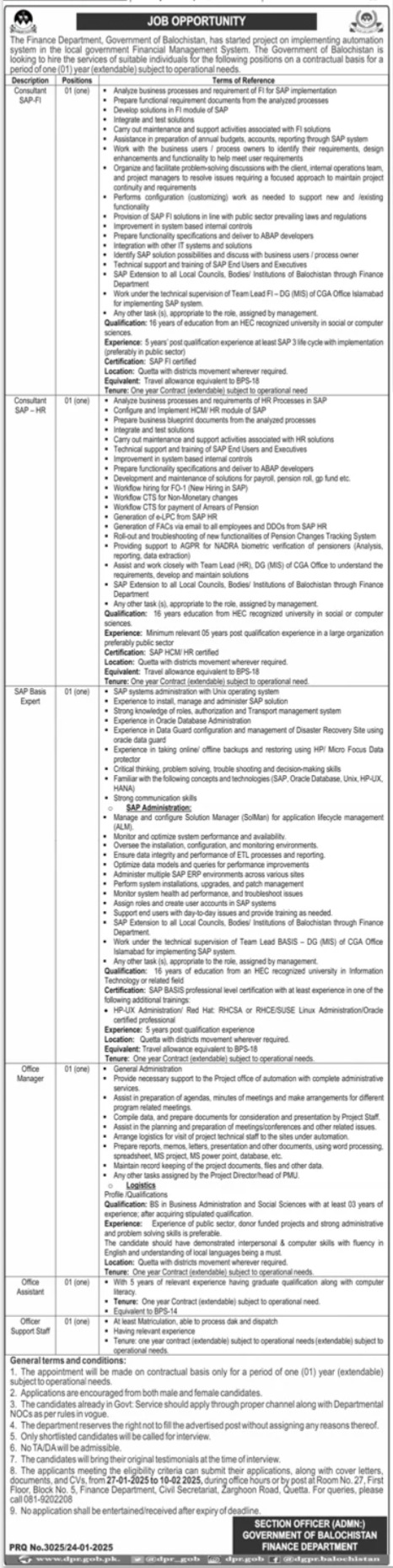 Finance Department Balochistan Jobs 2025 – Consultant SAP FI & More