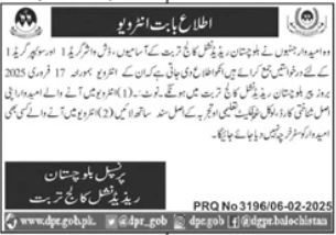 Balochistan Residential College Jobs Interview 2025 – Apply Now