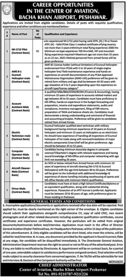 Center of Aviation Bacha Khan Airport Peshawar Jobs 2025 – Apply Now