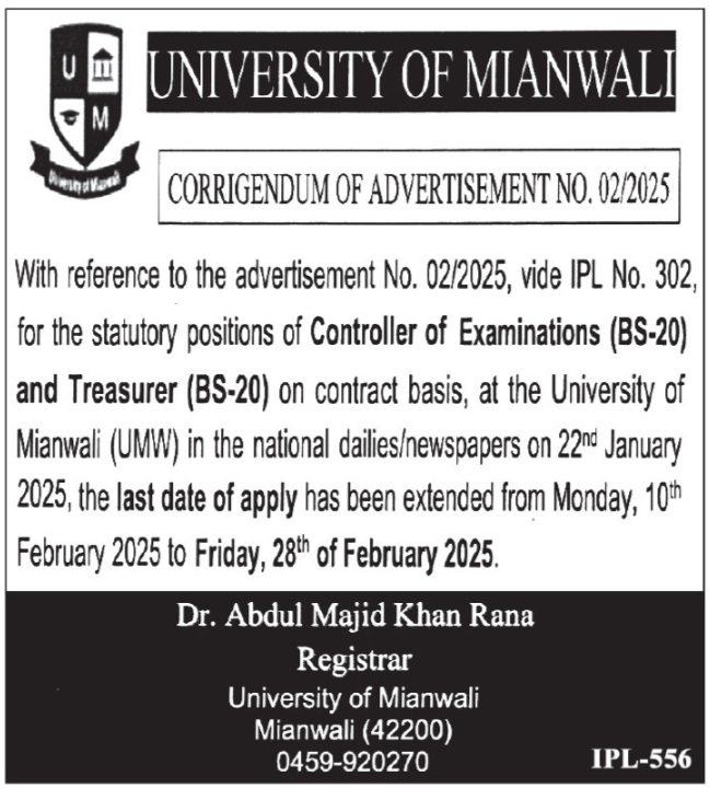 University of Mianwali (UMW) Jobs 2025 – Apply Now