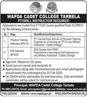 WAPDA Cadet College Tarbela (WCCT) Jobs 2025 – PT Instructor