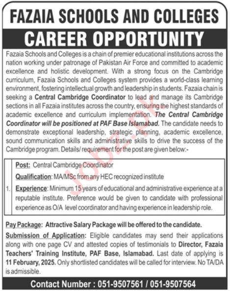 Fazaia Schools and Colleges Islamabad Jobs 2025 – Apply Now