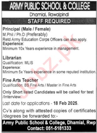 Army Public School & College APS&C Rawalpindi Jobs 2025 – Apply Now