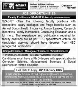 Shaheed Zulfiqar Ali Bhutto Institute of Science & Technology (SZABIST) Jobs 2025 – Apply Online