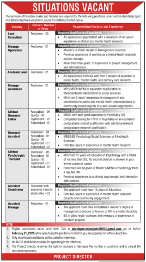 Donor Funded Project Peshawar Jobs 2025 – Apply Now