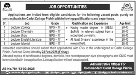 Cadet College Pishin Jobs 2025 – Lecturer Positions Available