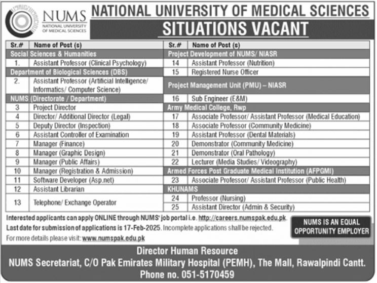 National University of Medical Sciences NUMS Jobs 2025 For Educational Post