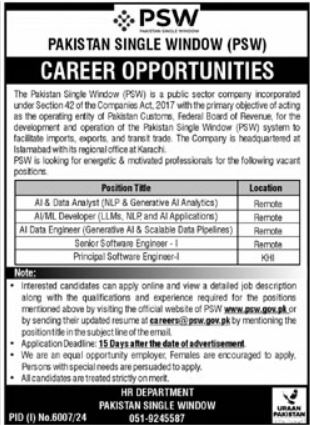 Pakistan Single Window (PSW) Jobs 2025 – Apply Now