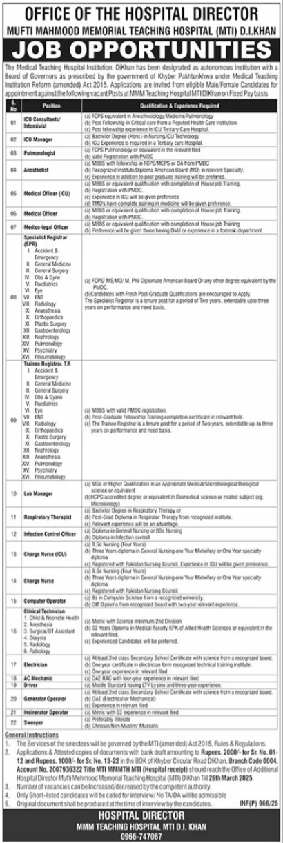 Job Opportunities at Mufti Mahmood Memorial Teaching Hospital – Apply Now!